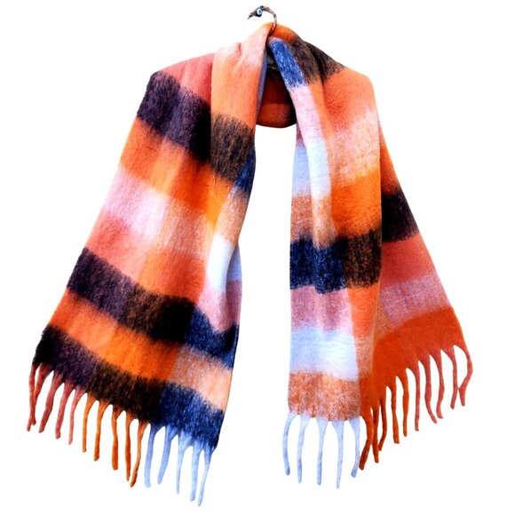Cozy Wool Blend Shawl Winter Scarf Fringe Orange Black White 75 x 20 In Chunky - Picture 1 of 10